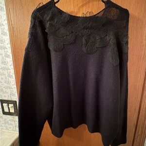 Commense Floral Lace Sweater Semi Sheer Round Neck Black XL EUC